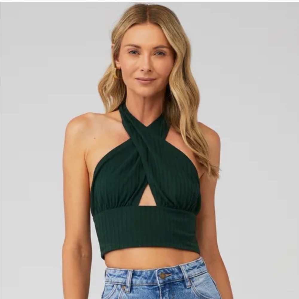 Callahan Knitwear Mimi Tank - Jade Green/Teal Crop Halter Top - S